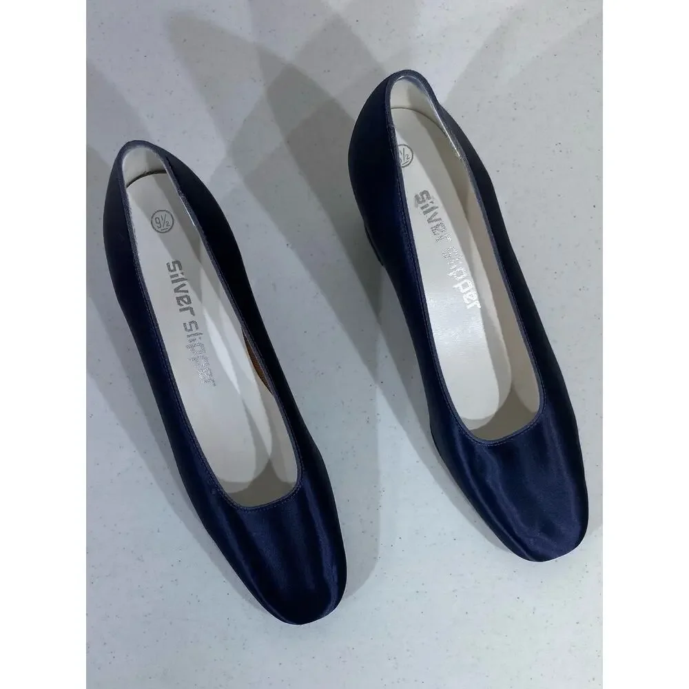 Coloriffics Silver‎ Slipper Vintage Navy Blue Satin Block Heels Womens Size 9.5